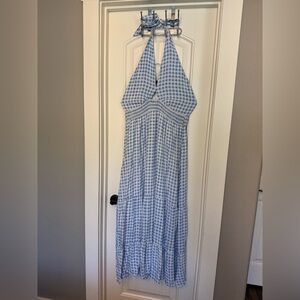 Blue Gingham Halter Maxi Dress